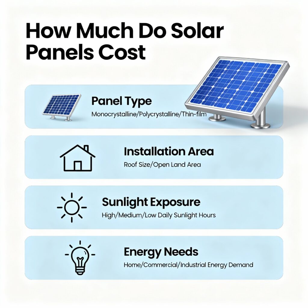 Infographic showing factors influencing solar panel costs with the title 'How Much Do Solar Panels Cost'